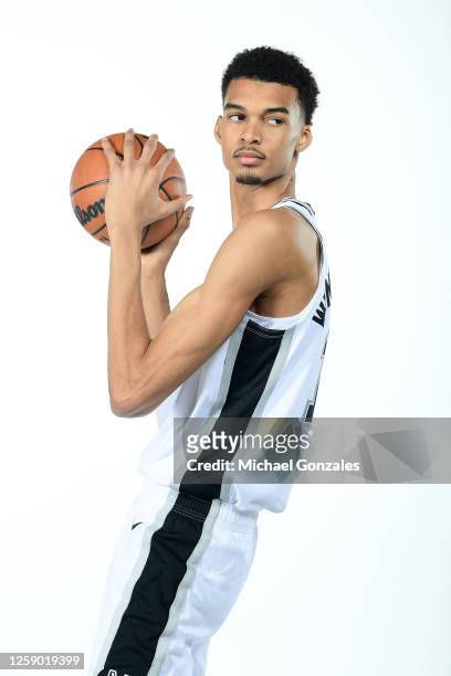 Victor Wembanyama of the San Antonio Spurs poses for a portrait on June 24, 2023 at the AT&T Center in San Antonio, Texas. NOTE TO USER: User...