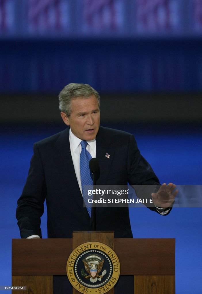 US President George W. Bush addresses delegates at the Republican ...