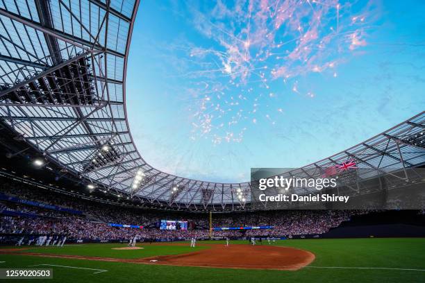 Fireworks signal the end of the game during the 2023 London Series game between the Chicago Cubs and the St. Louis Cardinals at London Stadium on...