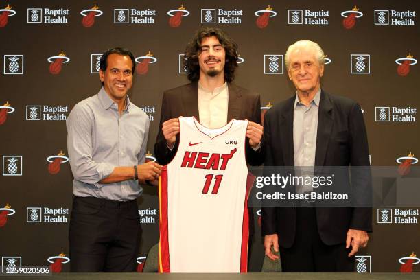 Head Coach Erik Spoelstra of the Miami Heat, President of the Miami Heat, Pat Riley, and Jaime Jaquez Jr. #11 of the Miami Heat pose for a portrait...