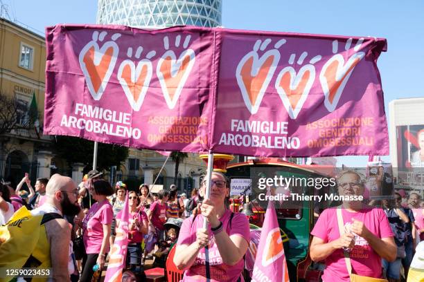 People demonstrate in the streets during a march for LGBTQIA+ rights on June 24, 2023 in Milan, Italy. According to the organizers 000 people arrived...