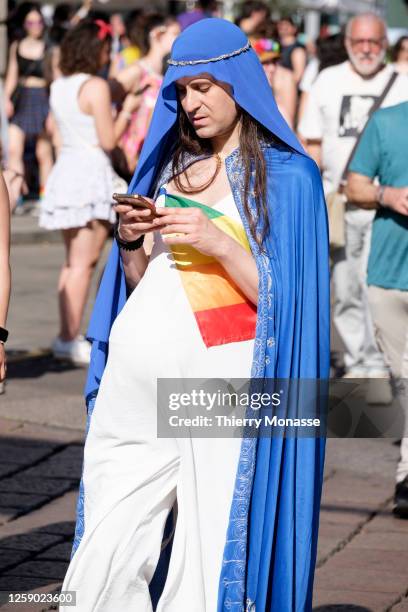 People demonstrate in the streets during a march for LGBTQIA+ rights on June 24, 2023 in Milan, Italy. According to the organizers 000 people arrived...