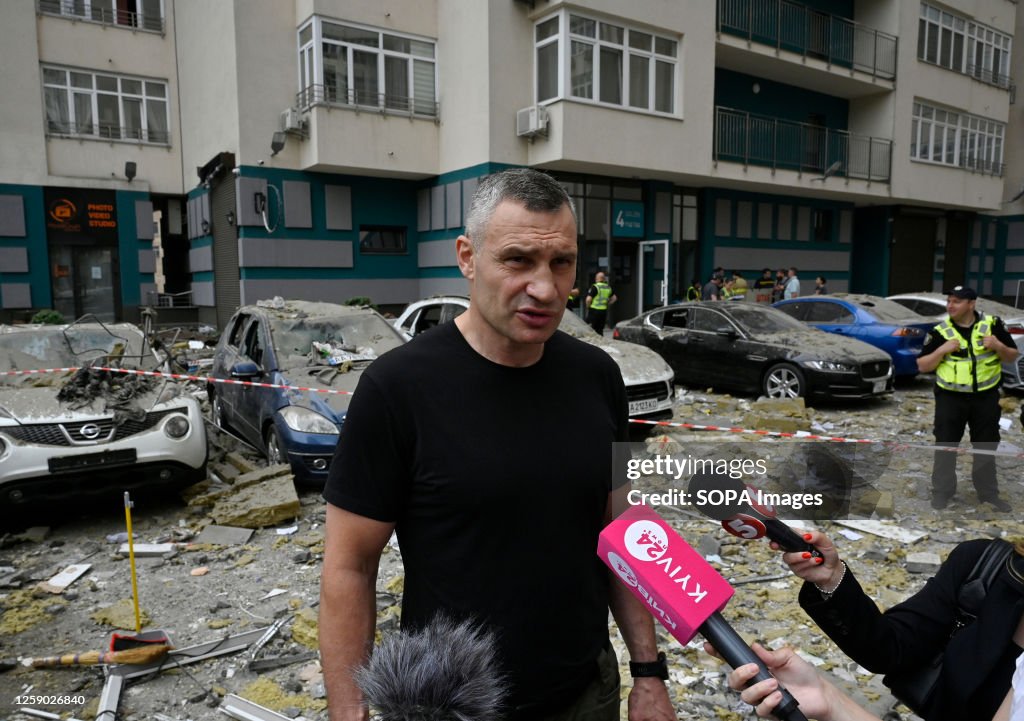 Kyiv's mayor Vitaliy Klitschko speaks to reporters near the...