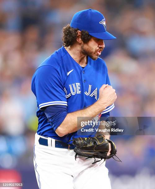 Jordan Romano of the Toronto Blue Jays reacts after getting the final out to beat the Oakland Athletics at Rogers Centre on June 24, 2023 in Toronto,...