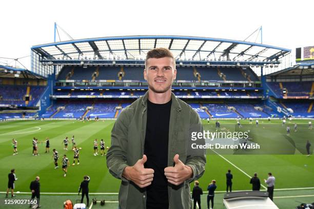 New signing Timo Werner of Chelsea poses for a picture in the stands prior to the Premier League match between Chelsea FC and Wolverhampton Wanderers...