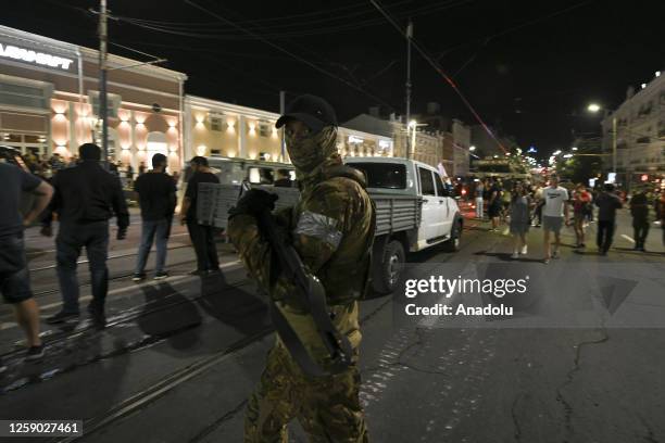 Members of the Wagner Group prepare to depart from the Southern Military District's headquarters and return to their base on June 24, 2023 in...