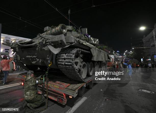 Members of the Wagner Group prepare to depart from the Southern Military District's headquarters and return to their base on June 24, 2023 in...