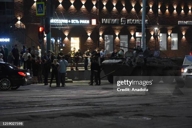 Members of the Wagner Group prepare to depart from the Southern Military District's headquarters and return to their base on June 24, 2023 in...