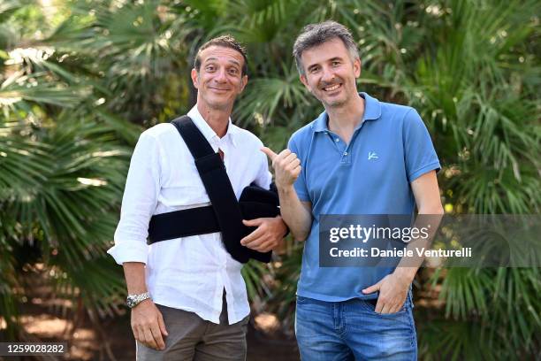 Salvatore Ficarra and Valentino Picone attend Filming Italy Sardegna Festival 2020 Day 5 Press Conference at Forte Village Resort on July 26, 2020 in...