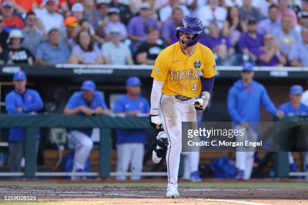 Dylan Crews of the LSU Tigers reacts during the second inning of game one of the Division I Men's Baseball Championship against the Florida Gators...