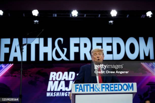 Republican presidential candidate former U.S. President Donald Trump speaks at the Faith and Freedom Road to Majority conference at the Washington...