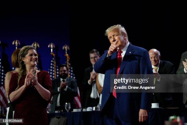 Republican presidential candidate former U.S. President Donald Trump arrives onstage to speak at the Faith and Freedom Road to Majority conference at...