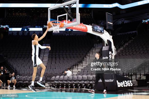 Victor Wembanyama of the San Antonio Spurs warms up on June 24, 2023 at AT&T Center in San Antonio, Texas. NOTE TO USER: User expressly acknowledges...