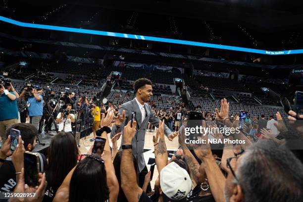 Victor Wembanyama looks on before addressing the media and fans on June 24, 2023 at AT&T Center in San Antonio, Texas. NOTE TO USER: User expressly...