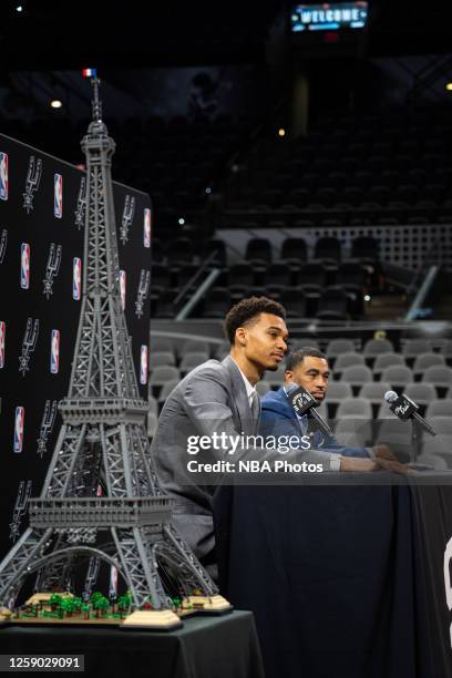 Victor Wembanyama addresses the media on June 24, 2023 at AT&T Center in San Antonio, Texas. NOTE TO USER: User expressly acknowledges and agrees...