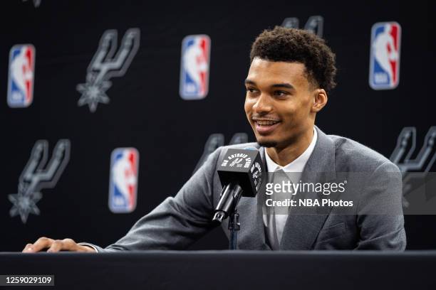 Victor Wembanyama addresses the media on June 24, 2023 at AT&T Center in San Antonio, Texas. NOTE TO USER: User expressly acknowledges and agrees...