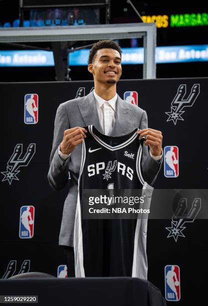 Victor Wembanyama addresses the media on June 24, 2023 at AT&T Center in San Antonio, Texas. NOTE TO USER: User expressly acknowledges and agrees...