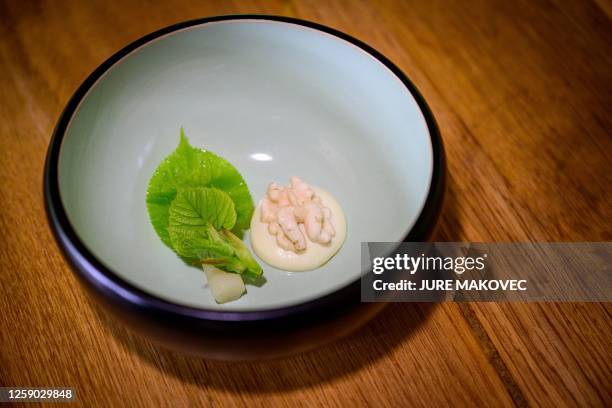 This photograph taken on May 12, 2023 shows the "White asparagus, a wild magnolia flower petal, smoked egg dip and peeled walnut" dish of the Hisa...