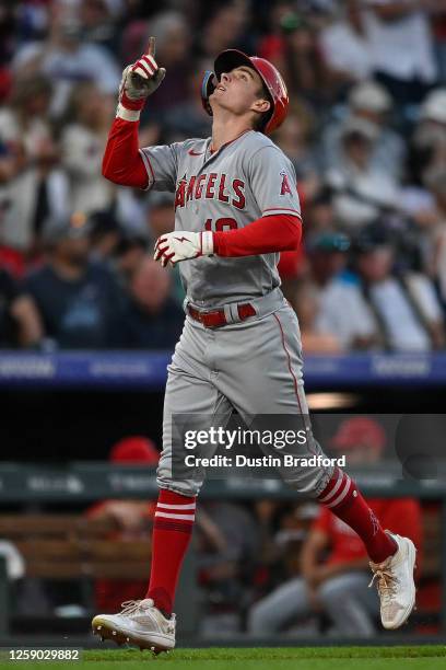 Mickey Moniak of the Los Angeles Angels celebrates as he rounds the bases after hitting a third inning 2-run homerun in a game against the Colorado...