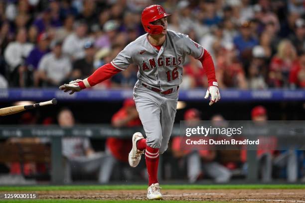 Mickey Moniak of the Los Angeles Angels hits a fourth inning 2-run double in a game against the Colorado Rockies at Coors Field on June 24, 2023 in...