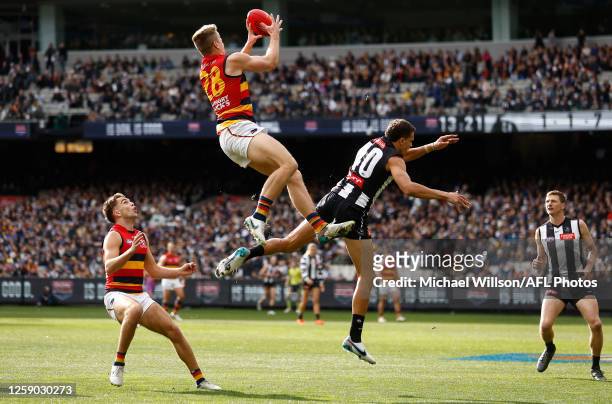 Nick Murray of the Crows takes a spectacular mark over Ash Johnson of the Magpies during the 2023 AFL Round 15 match between the Collingwood Magpies...