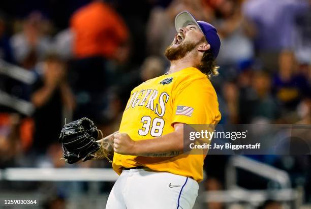 Riley Cooper of the LSU Tigers celebrates after defeating the Florida Gators in Game 1 of the NCAA College World Series baseball finals at Charles...