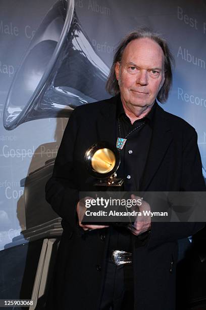 Musician Neil Young backstage during The 53rd Annual GRAMMY Awards Pre-Telecast held at the Los Angeles Convention Center on February 13, 2011 in Los...