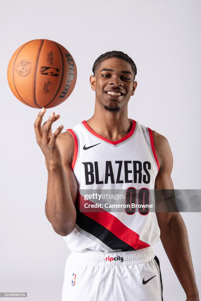 Scoot Henderson of the Portland Trail Blazers poses for a portrait on