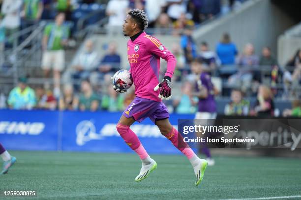 Orlando City goalkeeper Pedro Gallese runs the ball out after a save during an MLS matchup between the Seattle Sounders and Orlando City SC on June...