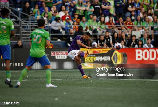 Orlando City midfielder Martín Ojeda kicks the ball during an MSL match between the Seattle Sounders and the Orlando City SC on June 24, 2023 at...