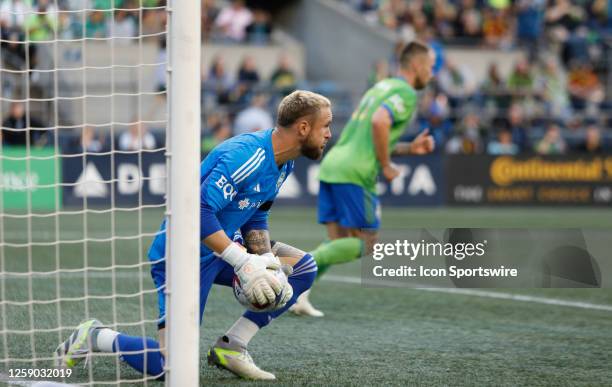 Seattle Sounders goalkeeper Stefan Frei gets up after saving a goal during an MSL match between the Seattle Sounders and the Orlando City SC on June...