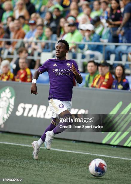 Orlando City forward Iván Angulo chases the ball during an MSL match between the Seattle Sounders and the Orlando City SC on June 24, 2023 at Lumen...