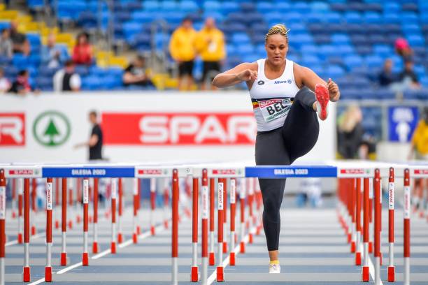 Belgian Jolien Boumkwo pictured in action during the women's 100m hurdles race, at the European Athletics Team Championships, in Chorchow, Silesia,...