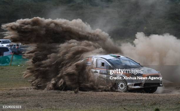 Driver Minesh Rathod and co-driver Jamie Mactavish compete on the stage of Lake Elmenteita during the 2023 World Rally Championship WRC Safari Rally...