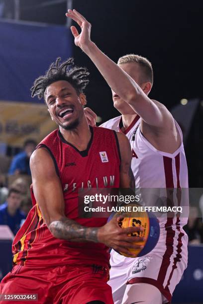 Belgian Dennis Donkor pictured in action during a 3x3 basketball game between Belgium and Latvia, the final of the Basket 3x3 competition, on the...