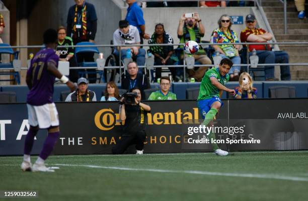 Seattle Sounders midfielder Nicolás Lodeiro crosses the ball during an MSL match between the Seattle Sounders and the Orlando City SC on June 24,...