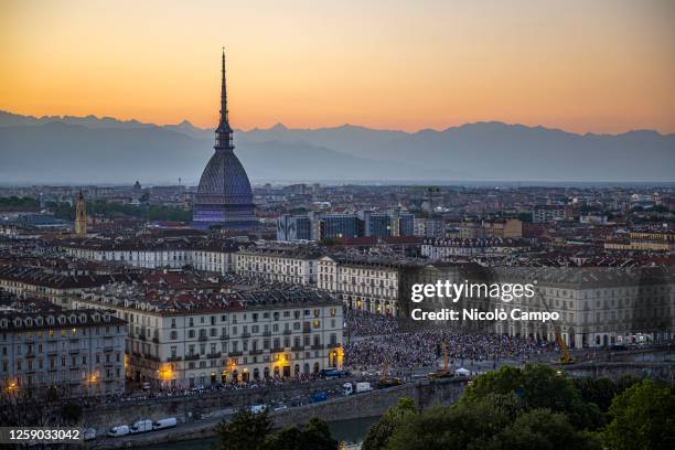 General view shows the Mole Antonelliana and piazza Vittorio prior to a pyrotechnics show part of celebration for St. John's Day. The Nativity of...