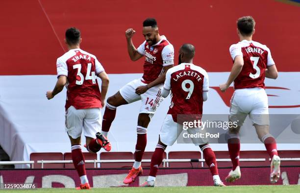 Pierre-Emerick Aubameyang of Arsenal celebrates scoring a penalty during the Premier League match between Arsenal FC and Watford FC at Emirates...