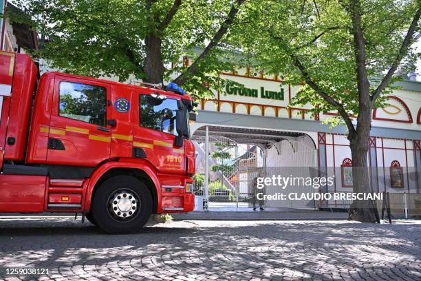 Fire engine is parked in front of the entrance of the Grona Lund amusement park, after an accident occurred at the 'Jetline' roller coaster leaving...