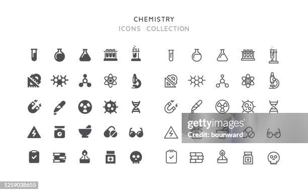 ilustraciones, imágenes clip art, dibujos animados e iconos de stock de iconos de química flat & outline - clase de quimica