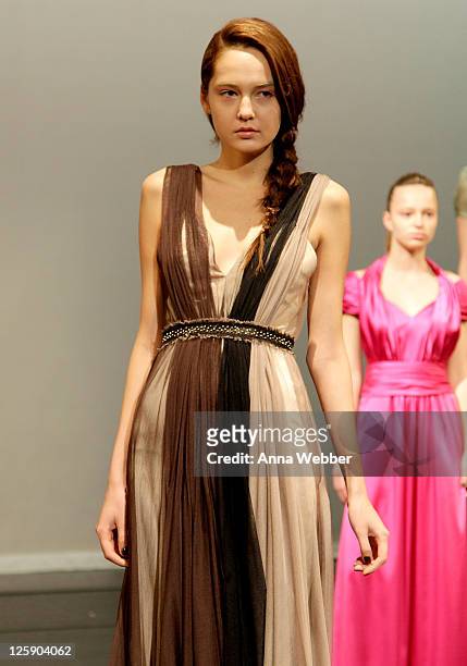 Model poses during the Yuna Yang Fall 2011 presentation during Mercedes-Benz Fashion Week at The Alvin Ailey Citigroup Theater on February 13, 2011...