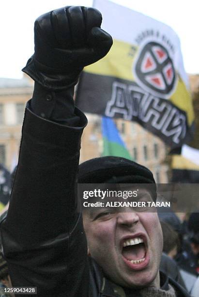 Russian ultra-nationalist shouts during a rally marking People's Unity Day, the new state holiday created by the Kremlin to promote patriotism, in...