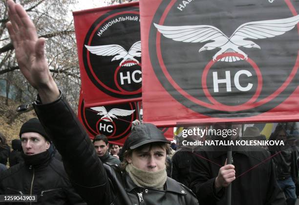 Russian ultranationalists give make Nazi salutes during their rally marking National Unity Day, the new state holiday created by the Kremlin to...