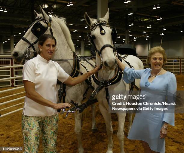 Pin Oak Charity Horse Show gala chair Kate Gibson and honeree Josephine Abercrombie with a Hungarian Lipazon and an American Saddlebred horse at...
