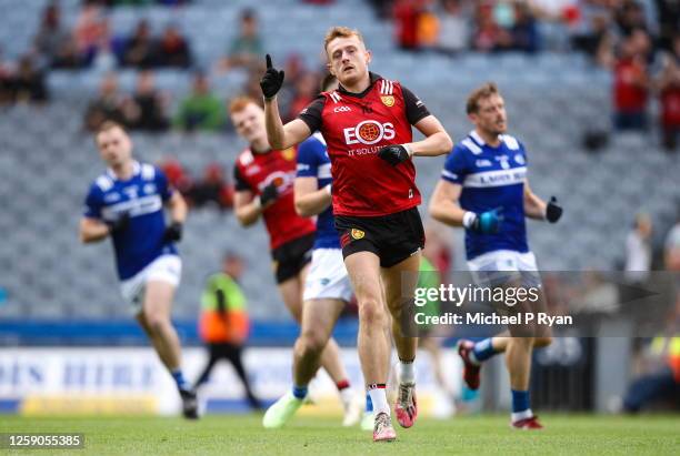 Dublin , Ireland - 25 June 2023; Liam Kerr of Down celebrates after scoring his side's fifth goal during the Tailteann Cup Semi Final match between...