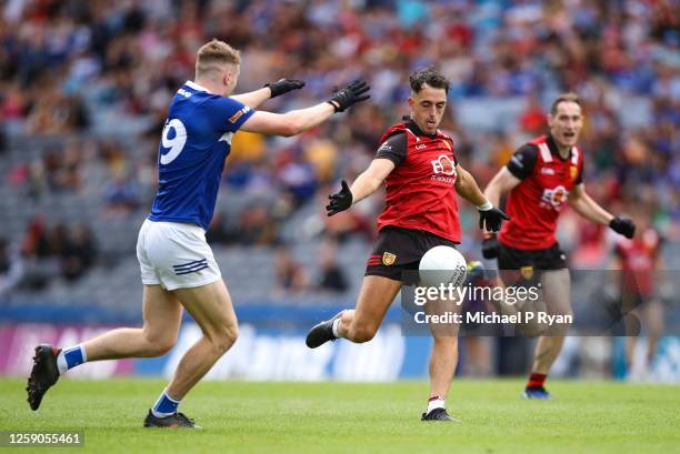 Dublin , Ireland - 25 June 2023; Ryan Johnston of Down in action against Sean O'Flynn of Laois during the Tailteann Cup Semi Final match between Down...