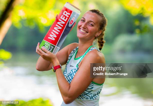 Petra Kvitova of the Czech Republic poses with the champions trophy after defeating Donna Vekic of Croatia in the final on Day 9 of the bett1open...