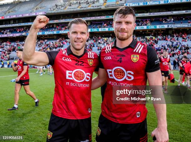 Dublin , Ireland - 25 June 2023; Down players Gerard Collins, left, and Anthony Doherty after their side's victory in the Tailteann Cup Semi Final...