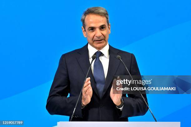 Greek ex-prime minister Kyriakos Mitsotakis, and leader of the New Democracy party, gives an address after clinching a landslide victory in the...