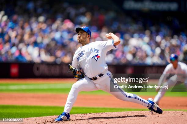 Yusei Kikuchi of the Toronto Blue Jays throws against the Oakland Athletics during the second inning in their MLB game at the Rogers Centre on June...